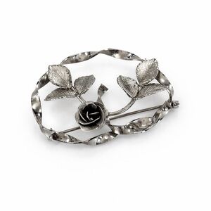 Vintage Silver-Tone Rose Brooch - Floral Leaf Pin